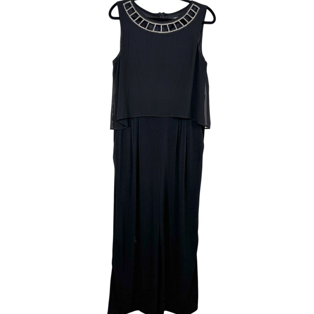 Sangria Black Sheer Flowy top sleeveless jumpsuit beaded cutout neckline size 12